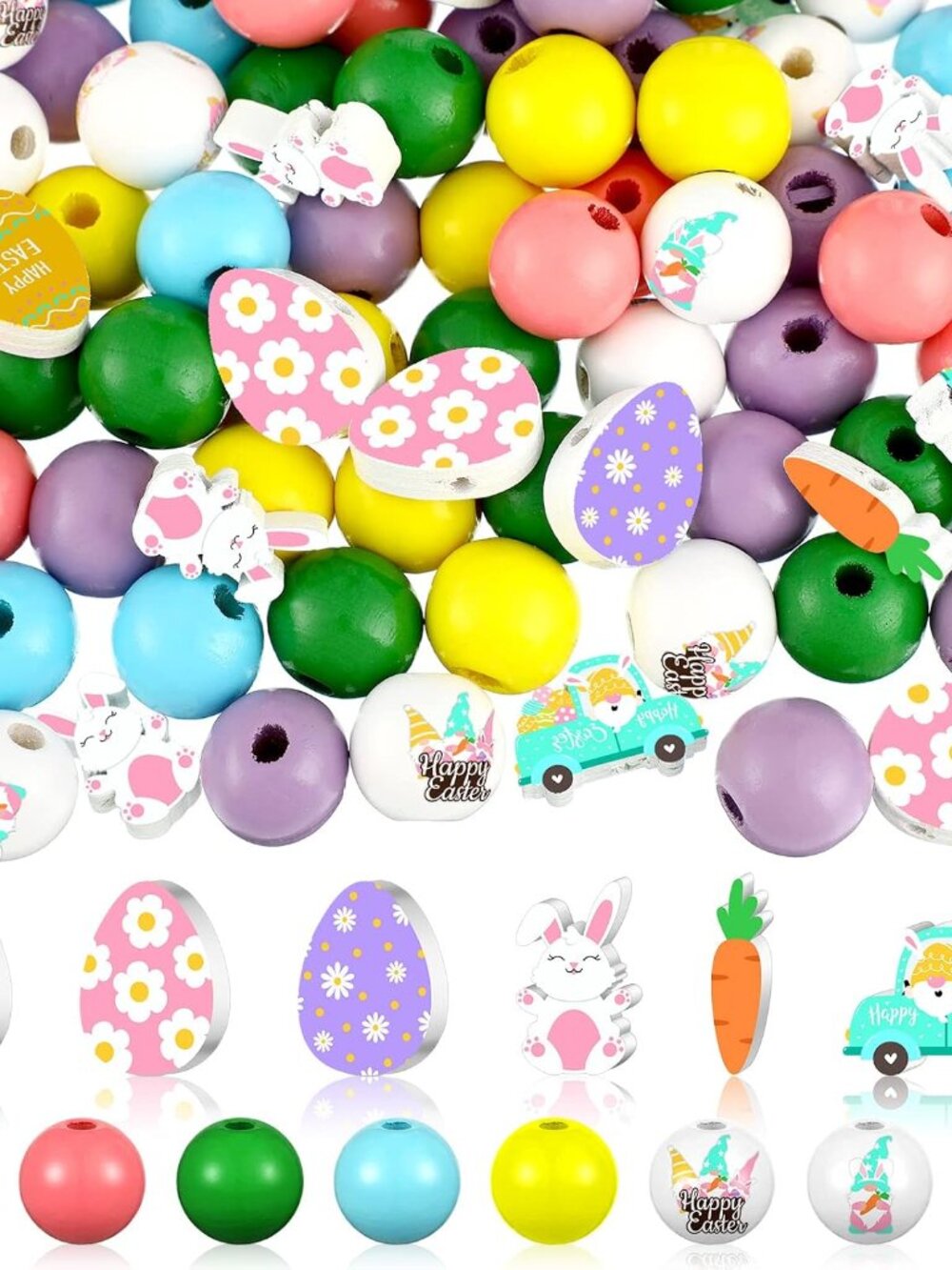 200 Pcs Easter Wooden Beads, Egg Bunny Carrot Craft Beads